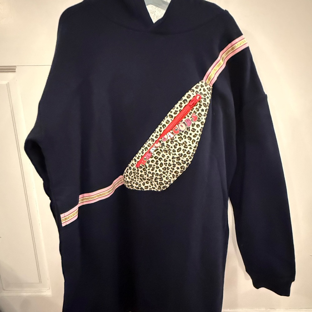 Marc Jacobs Navy Hoodie with Leopard Sling Pocket and Pink Stripes
